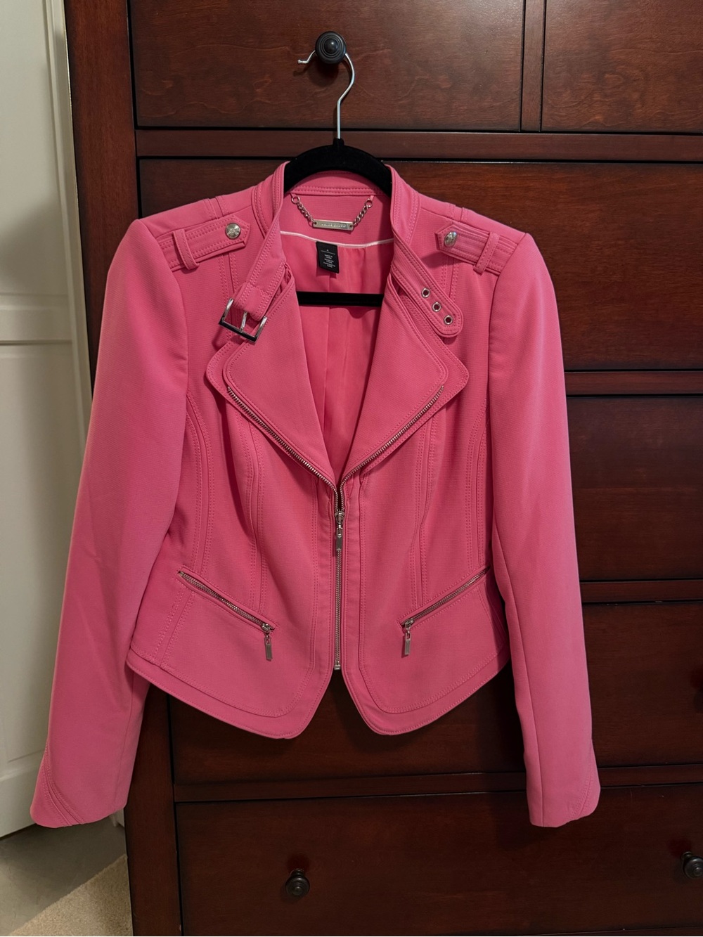 White House Black Market Pink Moto Blazer with Silver Hardware